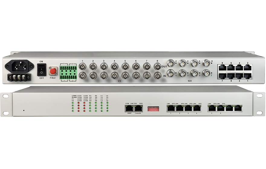 飛暢科技-8路3G HD-SDI視頻+2路千電+4路百電(物理隔離)+8路電話(huà)+開(kāi)關(guān)量+串口+電話(huà)光端機